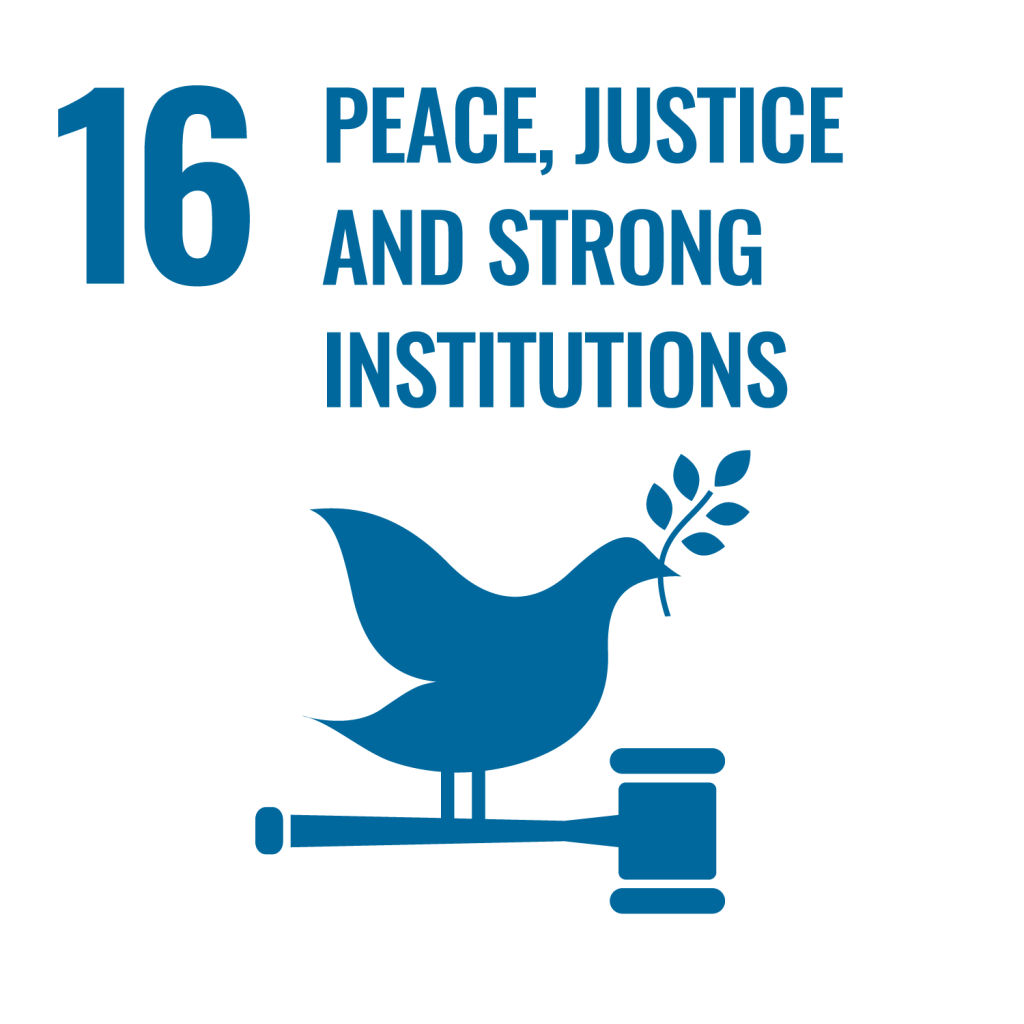 Peace, justice, and strong institutions logo in blue