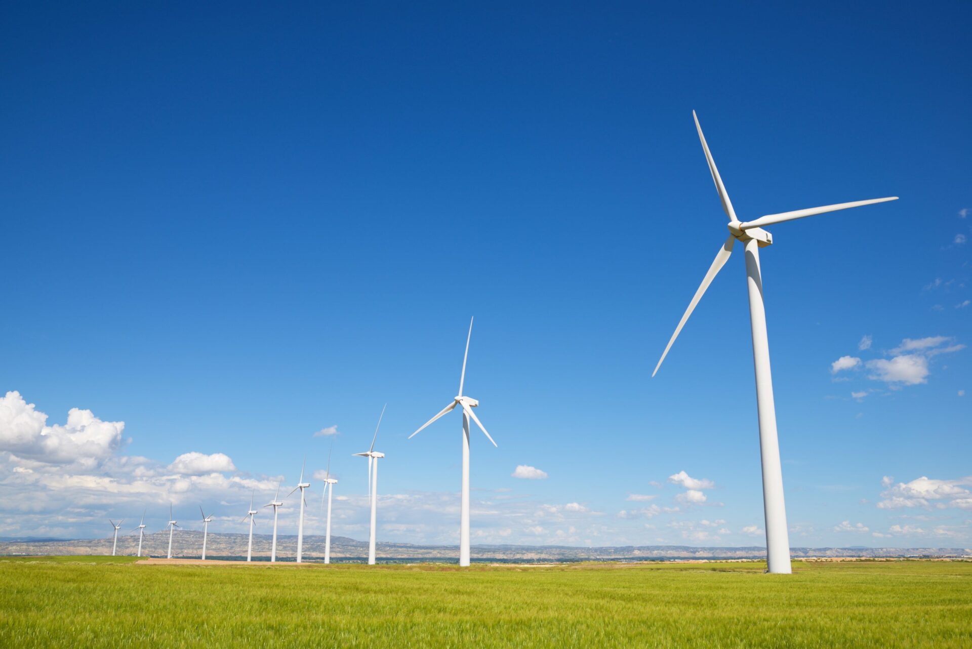 Several wind turbines lined up on a sunny day