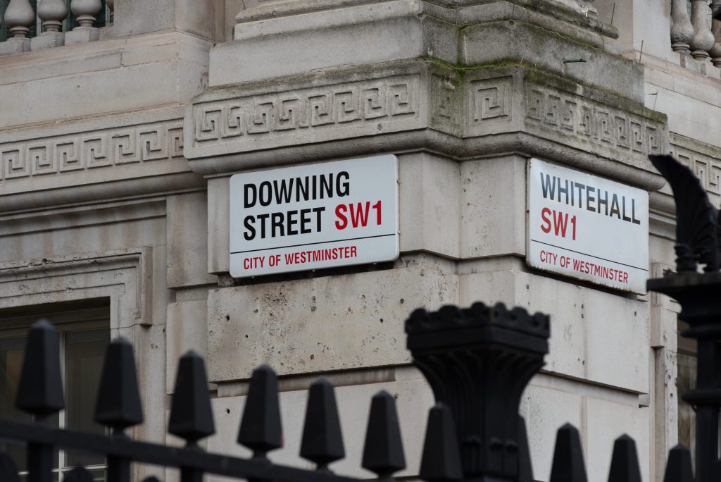 Signs for Downing Street and Whitehall Street in Wesminster