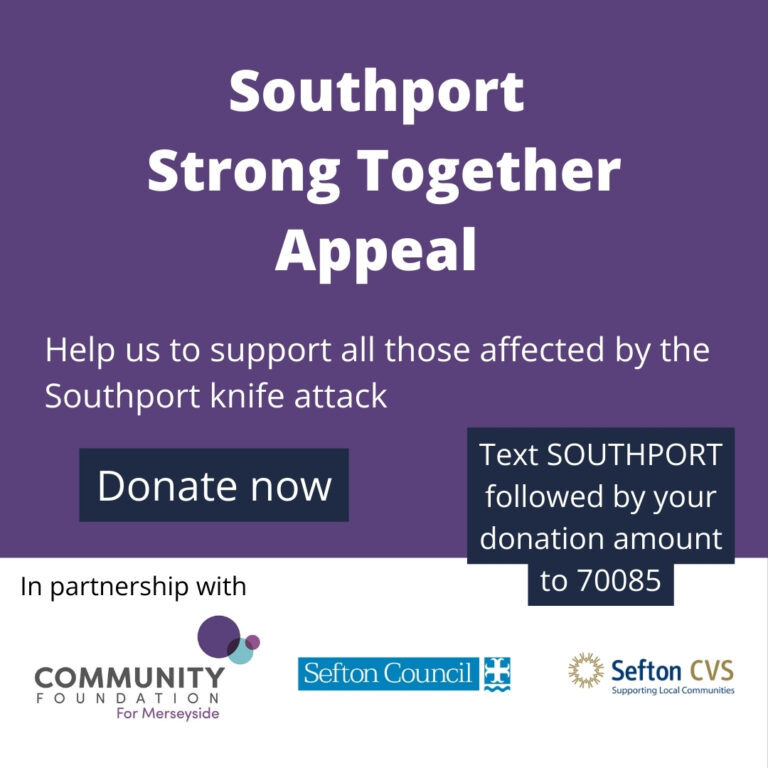 Small banner showing Southport Strong Together Appeal launches with £50,000 donation